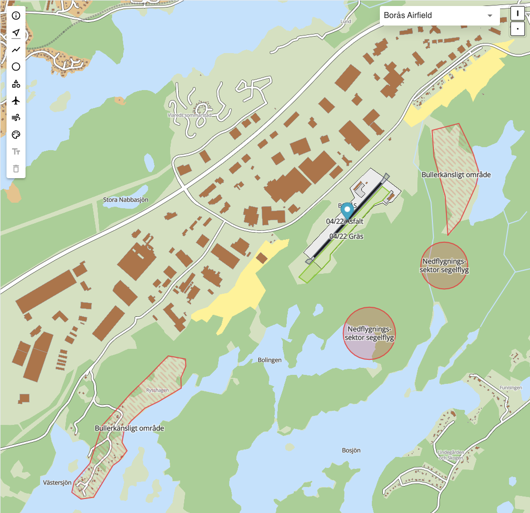 Exempel på karta med lokala markeringar och regler runt ett flygfält.